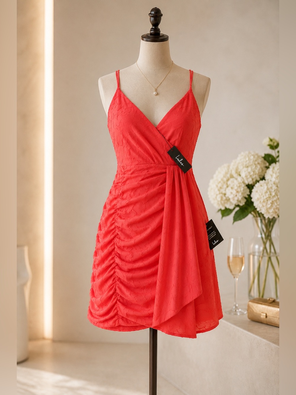 Lulus Primped to Perfection Burnout Ruched Mini Dress NWT Small Coral